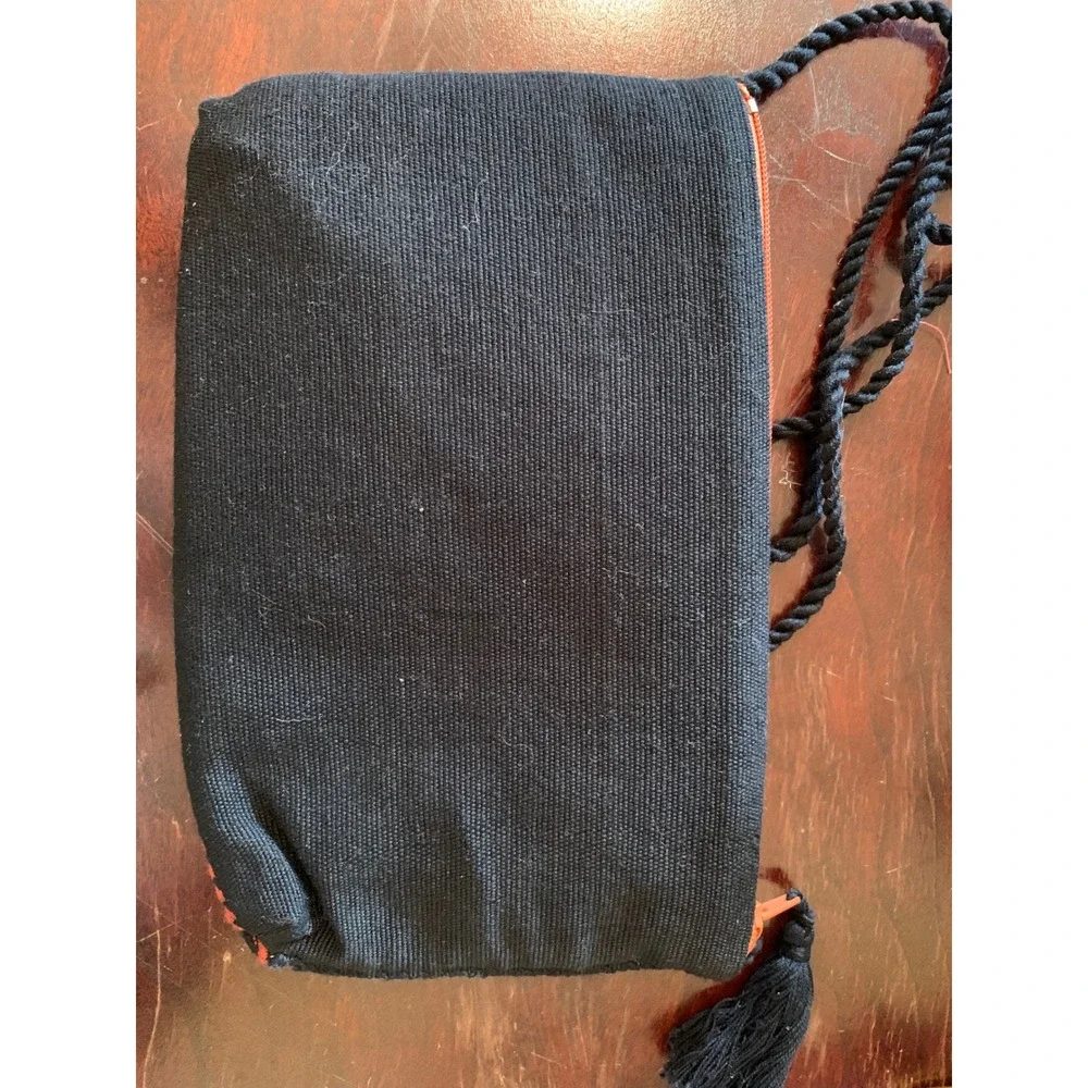 Handmade Embroidered Boho Crossbody Bag Black Turquoise Geometric Tassel